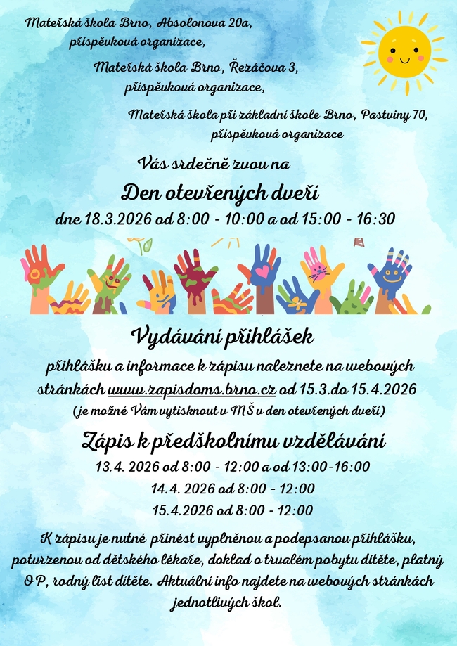 Leták k Dni otevřených dveří 18. března a k zápisu do MŠ od 13. dubna s barevnými rukami a sluníčkem